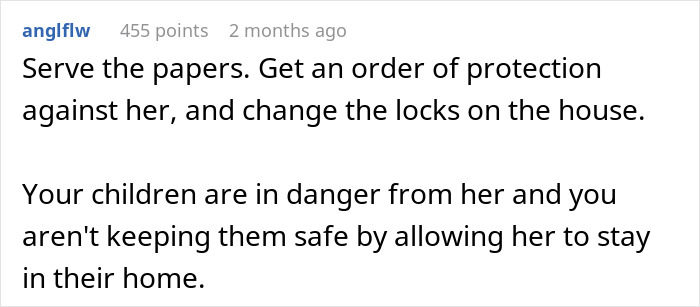 Text from a user advising about protection orders due to a wife's mental illness worsening. Text from a user advising about protection orders due to a wife's mental illness worsening.