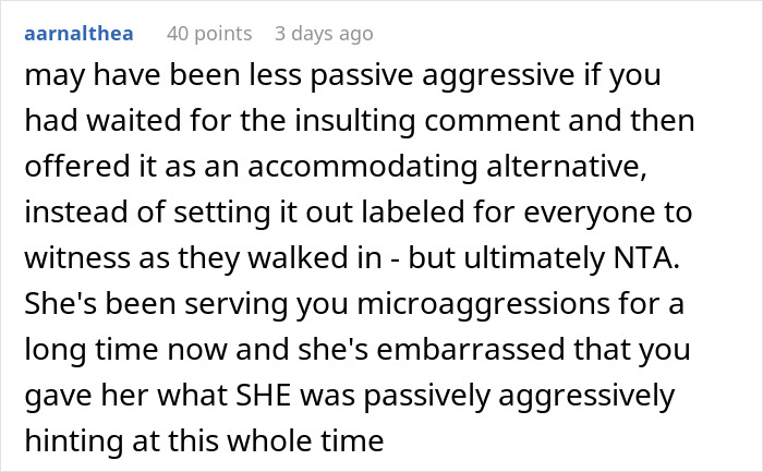 User comment sharing opinion on coworker's response to insults about cooking. User comment sharing opinion on coworker's response to insults about cooking.