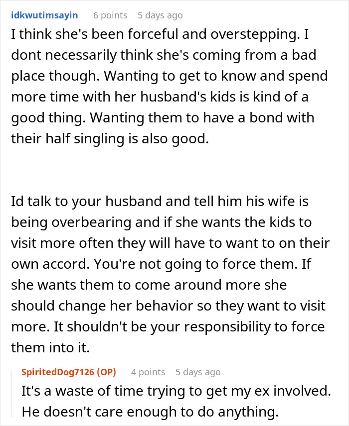 Reddit comments discussing a stepmom wanting a bigger role in her husband’s kids' lives. Reddit comments discussing a stepmom wanting a bigger role in her husband’s kids' lives.