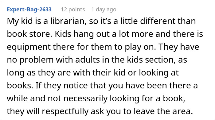 Text discussing bookstore rules for adults in children's section. Text discussing bookstore rules for adults in children's section.