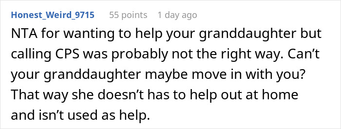 Reddit comment suggesting alternatives to calling CPS on daughter over teenager's nighttime duties. Reddit comment suggesting alternatives to calling CPS on daughter over teenager's nighttime duties.