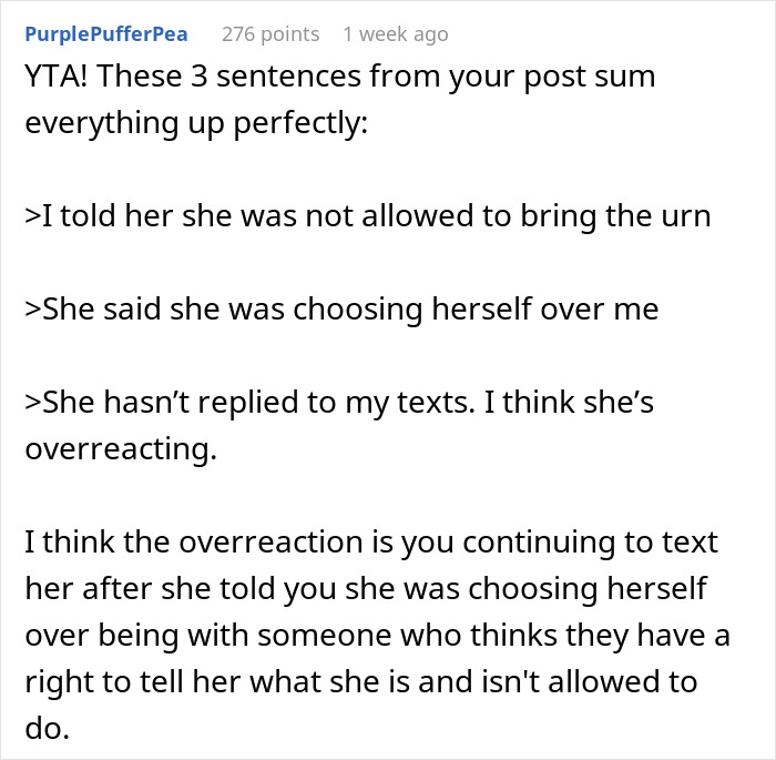 Comment discussing overreaction about GF's dog's ashes, mentioning an urn and relationship disagreement. Comment discussing overreaction about GF's dog's ashes, mentioning an urn and relationship disagreement.