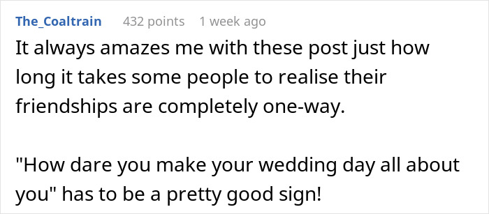 Text exchange on one-sided friendship and wedding engagement issue. Text exchange on one-sided friendship and wedding engagement issue.