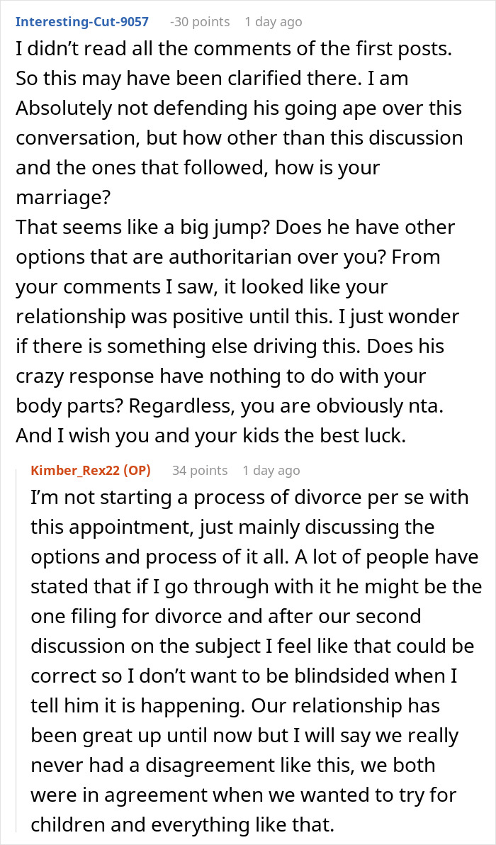 Reddit discussion about sterilization against partner's wishes, focusing on relationship dynamics and potential divorce. Reddit discussion about sterilization against partner's wishes, focusing on relationship dynamics and potential divorce.