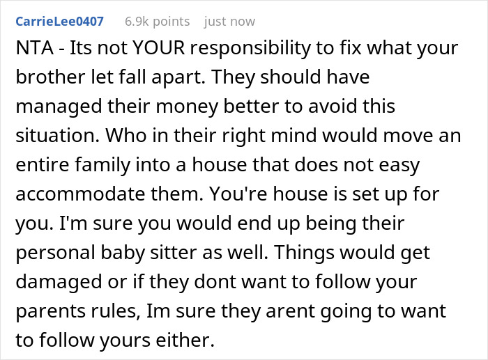 Reddit comment discussing a man losing his house and being refused to move family in with brother. Reddit comment discussing a man losing his house and being refused to move family in with brother.