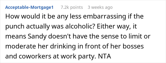 Comment discussing an incident involving punch and coworkers at a work party. Comment discussing an incident involving punch and coworkers at a work party.
