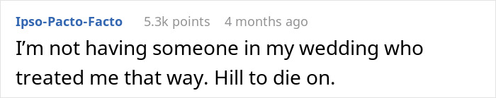 Wedding discussion comment about excluding someone from the event due to past treatment. Wedding discussion comment about excluding someone from the event due to past treatment.