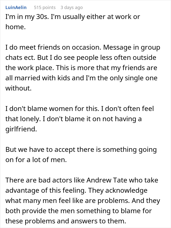 User discusses male loneliness, mentioning societal issues, marriage, and misleading influences in an online post. User discusses male loneliness, mentioning societal issues, marriage, and misleading influences in an online post.