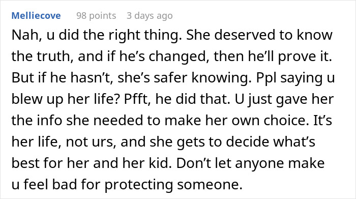 Comment supporting warning about ex's criminal record to pregnant wife. Comment supporting warning about ex's criminal record to pregnant wife.