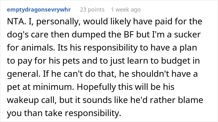 Comment discussing a BF spending on toys and GF refusing to pay for urgent vet bill. Comment discussing a BF spending on toys and GF refusing to pay for urgent vet bill.