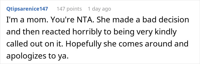 Text comment discussing a mother's reaction to a friend's criticism during a birthday, mentioning a baby crying. Text comment discussing a mother's reaction to a friend's criticism during a birthday, mentioning a baby crying.