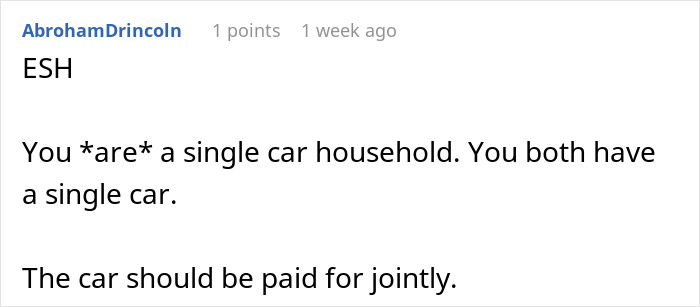 User comment about sharing car bills fairly, suggesting joint payment. User comment about sharing car bills fairly, suggesting joint payment.