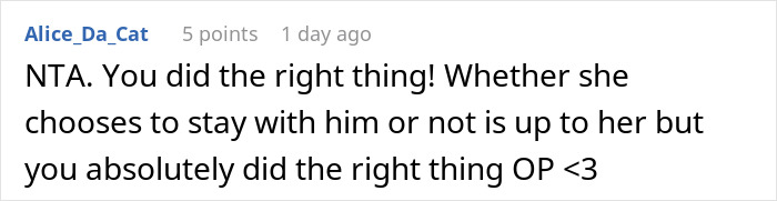 Comment supporting someone's honesty about dating a neighbor's husband. Comment supporting someone's honesty about dating a neighbor's husband.