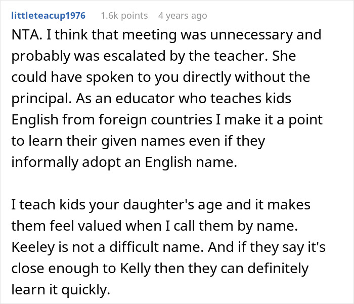 Comment discussing the correct pronunciation of a name and the teacher's refusal. Comment discussing the correct pronunciation of a name and the teacher's refusal.