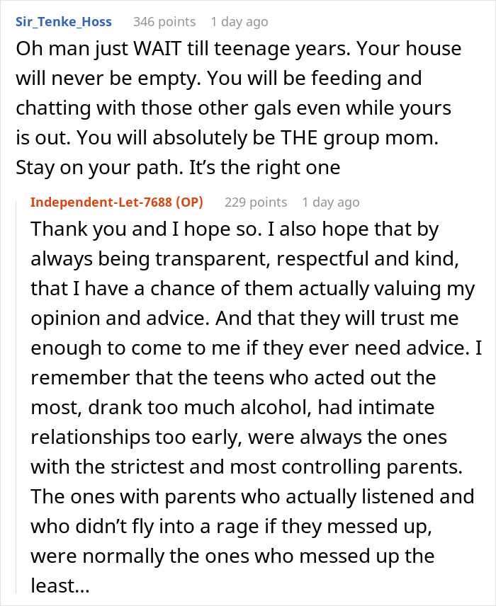 Reddit conversation about parenting, discussing transparency and respect in raising teenagers. Reddit conversation about parenting, discussing transparency and respect in raising teenagers.