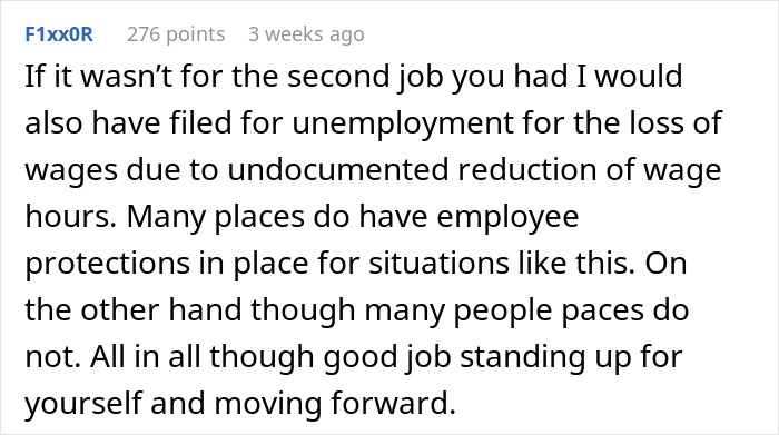Reddit comment discussing job loss and employment rights standing up for oneself. Reddit comment discussing job loss and employment rights standing up for oneself.