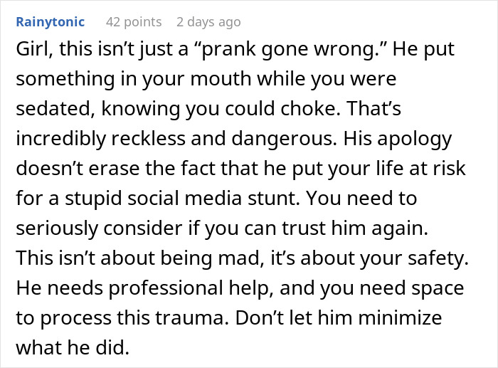 Text discussing a prank gone wrong, highlighting its danger and recklessness, risking a wife's life for a social media stunt. Text discussing a prank gone wrong, highlighting its danger and recklessness, risking a wife's life for a social media stunt.