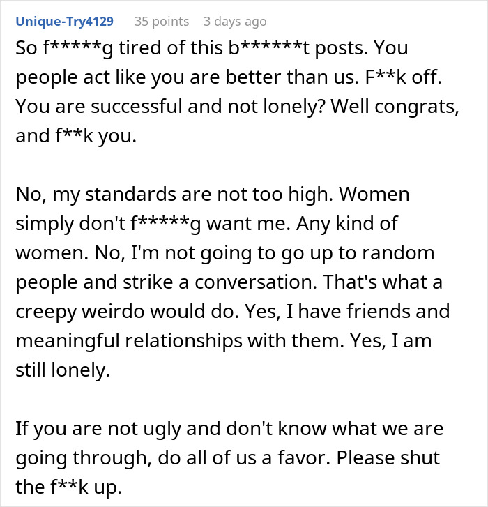 Post expressing frustration over the male loneliness epidemic, highlighting difficulties with forming relationships. Post expressing frustration over the male loneliness epidemic, highlighting difficulties with forming relationships.