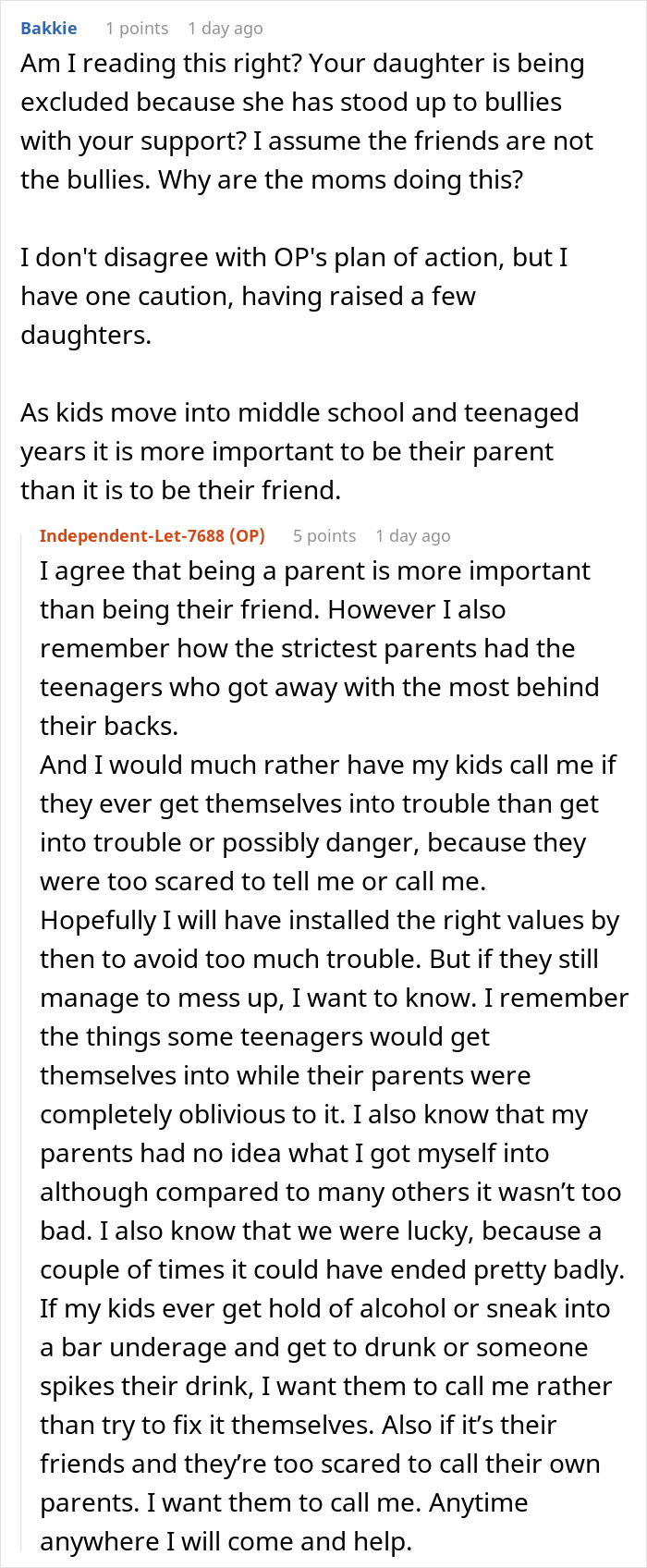 Discussion about exclusion of a daughter from parties and parenting roles in response to bullying. Discussion about exclusion of a daughter from parties and parenting roles in response to bullying.