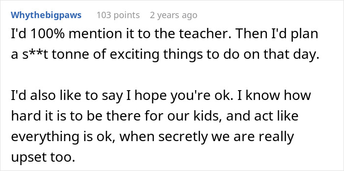 Text comment discussing a child's exclusion from a birthday party, offering support and advice. Text comment discussing a child's exclusion from a birthday party, offering support and advice.