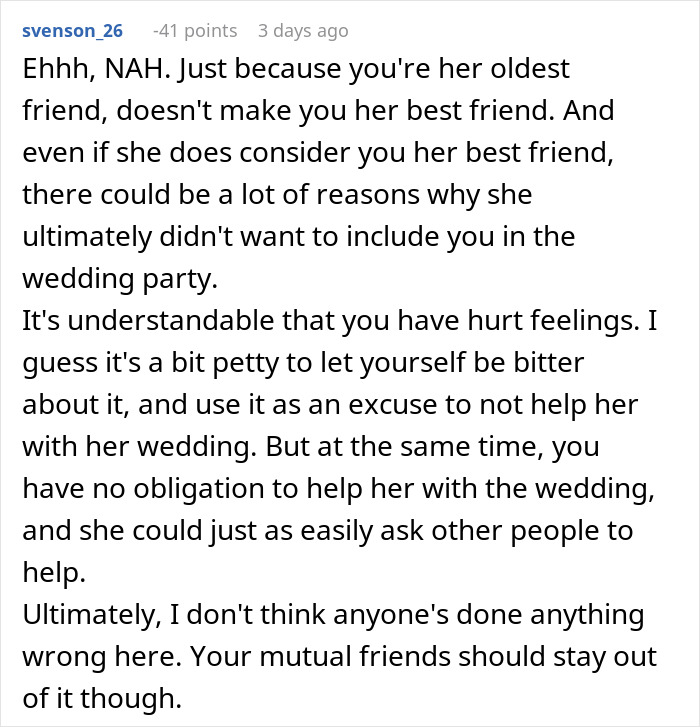 Text discussing refusing wedding help due to not being chosen as a bridesmaid. Text discussing refusing wedding help due to not being chosen as a bridesmaid.