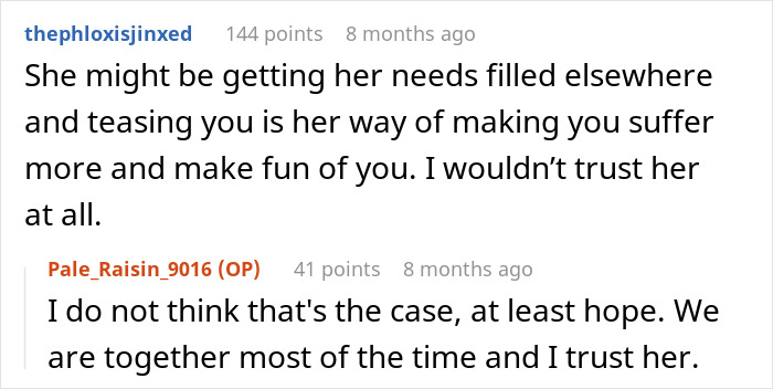 Online discussion about trust issues in a dead bedroom marriage scenario. Online discussion about trust issues in a dead bedroom marriage scenario.