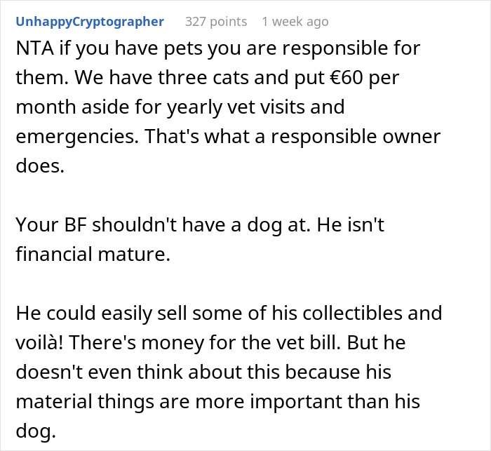 Text exchange about BF's financial maturity and prioritizing dog's urgent vet bill over toys. Text exchange about BF's financial maturity and prioritizing dog's urgent vet bill over toys.