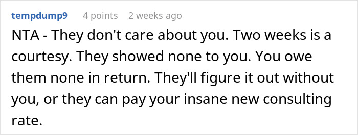 Reddit comment on company firing employee, discussing fairness and consulting rates. Reddit comment on company firing employee, discussing fairness and consulting rates.