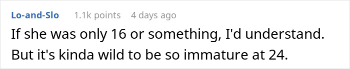 Reddit comment on the immaturity of a 24-year-old in the boyfriend's love story bet situation. Reddit comment on the immaturity of a 24-year-old in the boyfriend's love story bet situation.