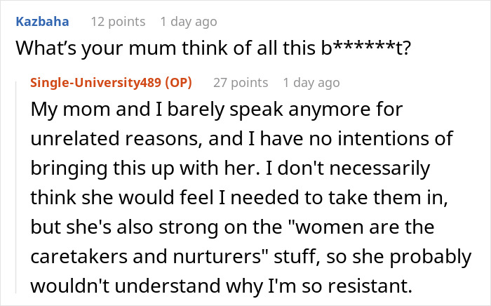 Reddit comment exchange about expected responsibility for stepsiblings, focusing on women's caretaker roles. Reddit comment exchange about expected responsibility for stepsiblings, focusing on women's caretaker roles.