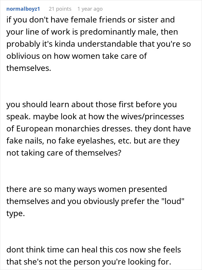 Comment about women’s appearance and self-care expectations in relationships. Comment about women’s appearance and self-care expectations in relationships.