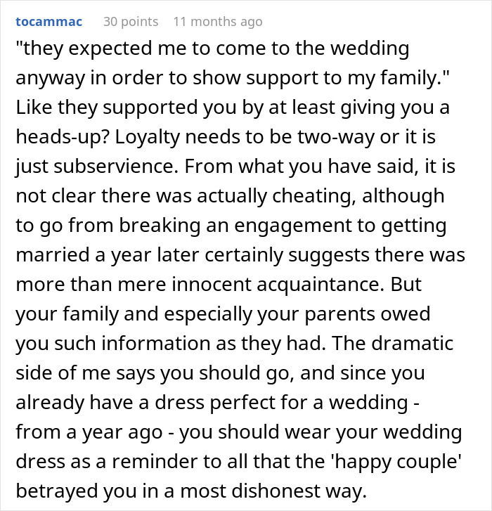 Comment discussing wedding loyalty and family betrayal regarding ex-GF's cousin marriage situation. Comment discussing wedding loyalty and family betrayal regarding ex-GF's cousin marriage situation.