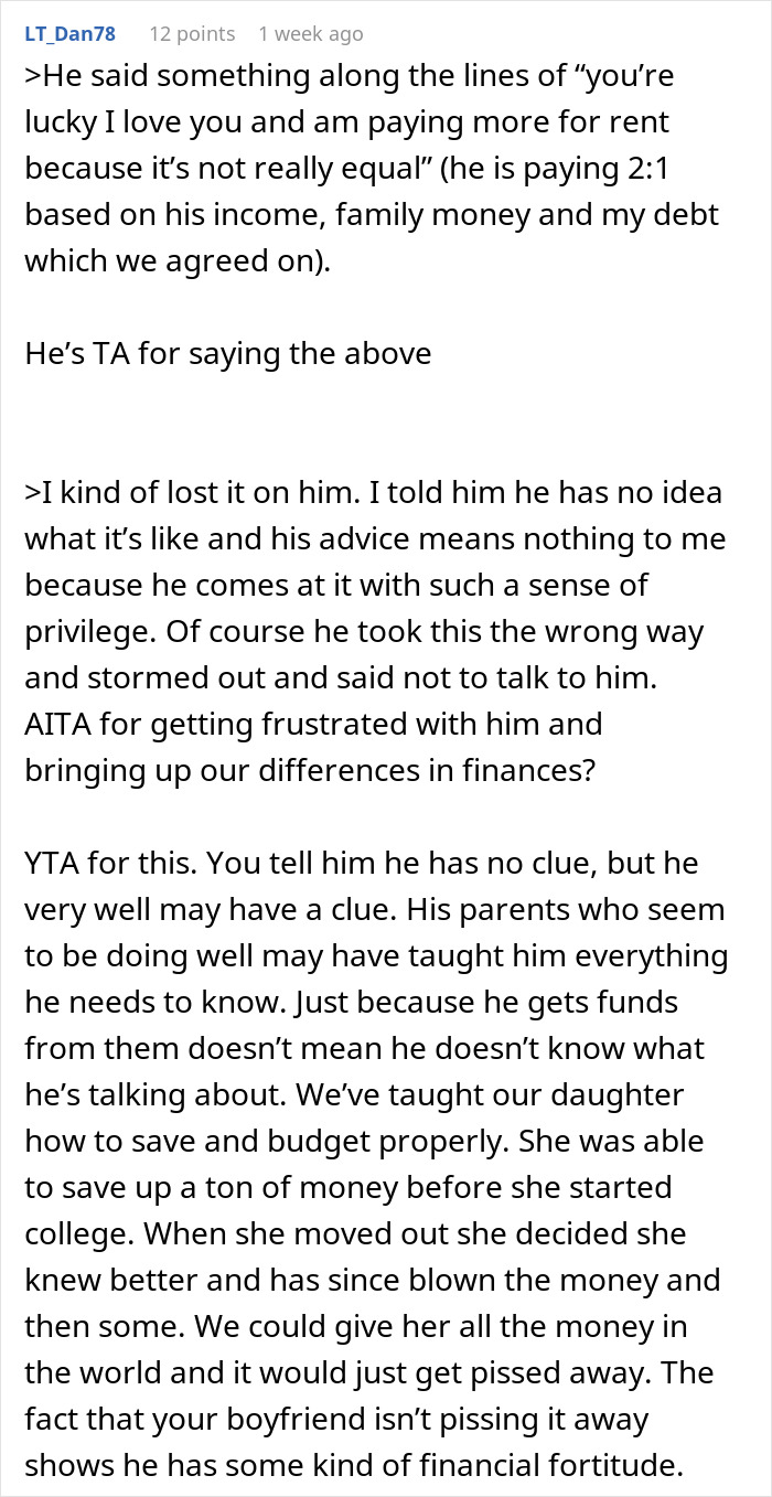 Text discussing financial differences and privilege in a relationship, mentioning trust fund and inheritance. Text discussing financial differences and privilege in a relationship, mentioning trust fund and inheritance.