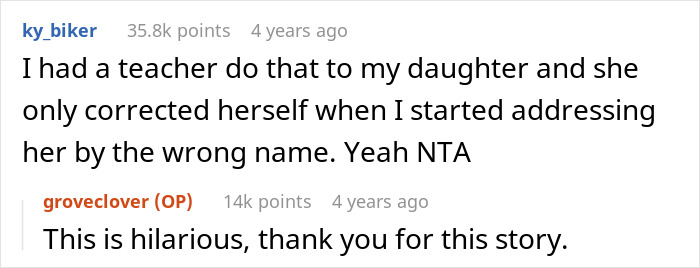 User comments about a teacher mispronouncing a daughter's name, leading to humorous exchanges. User comments about a teacher mispronouncing a daughter's name, leading to humorous exchanges.
