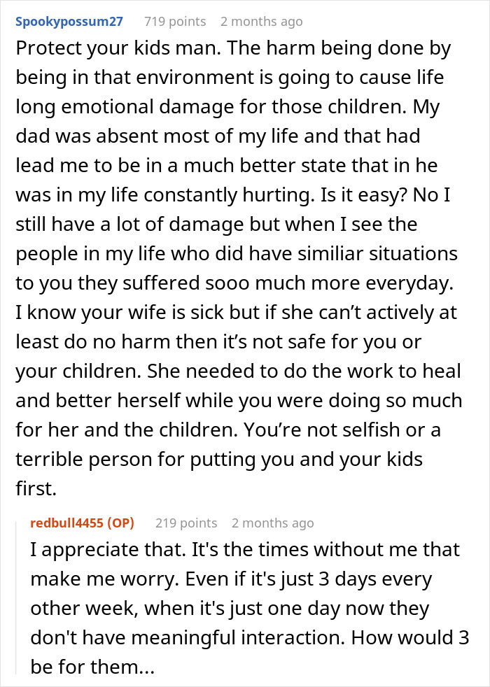 Reddit user advises dad on kids' safety amid wife's mental illness concerns. Reddit user advises dad on kids' safety amid wife's mental illness concerns.
