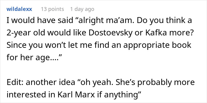 Comment discussing age restrictions in a bookstore, mentioning Kafka and Dostoevsky. Comment discussing age restrictions in a bookstore, mentioning Kafka and Dostoevsky.