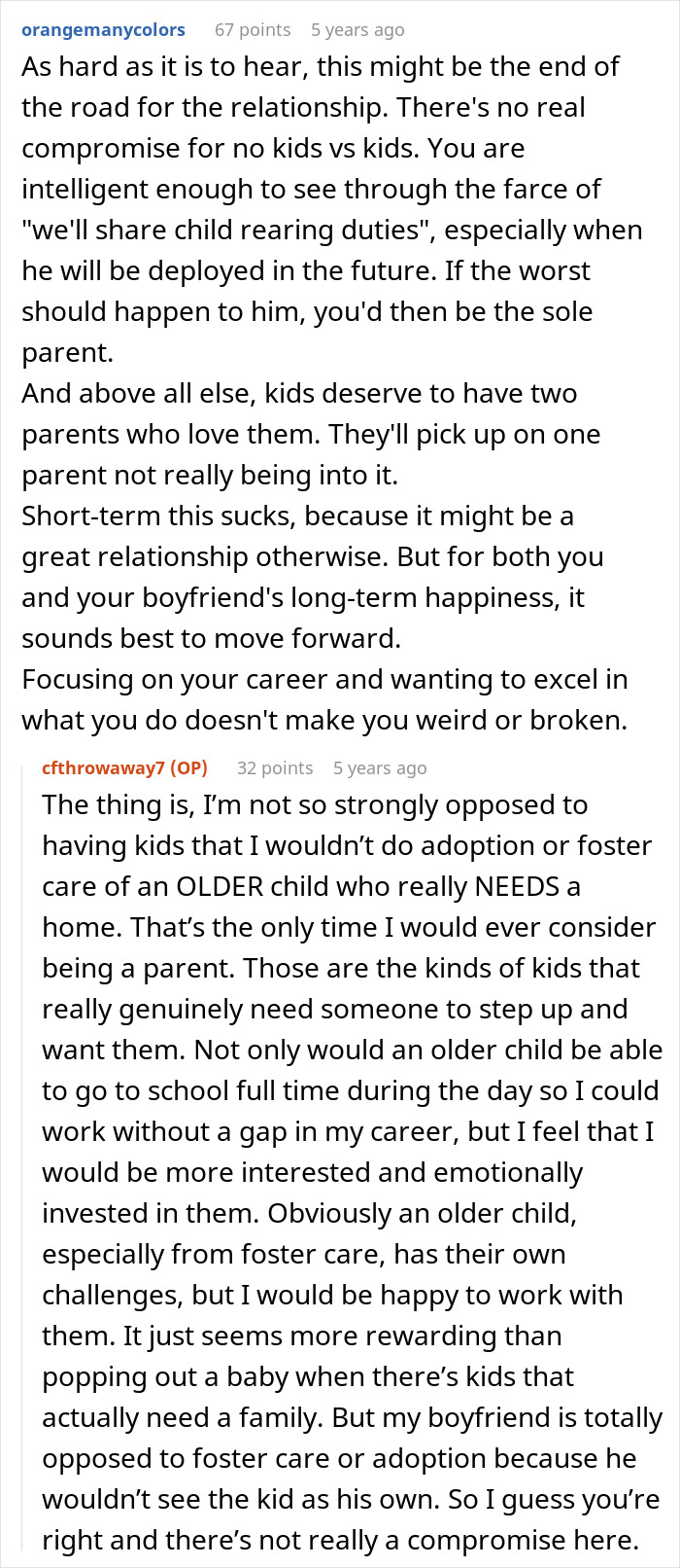 Reddit thread discussing fear of motherhood and relationship pressures about having children. Reddit thread discussing fear of motherhood and relationship pressures about having children.