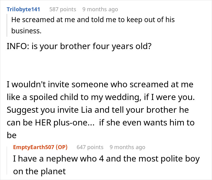 Brother's choice of female BFF over girlfriend as wedding plus-one discussed in online thread. Brother's choice of female BFF over girlfriend as wedding plus-one discussed in online thread.