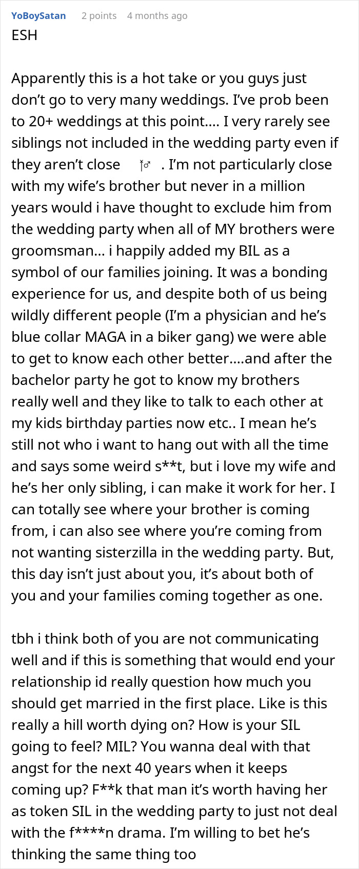 Reddit comment discussing wedding parties and family dynamics, relating to a woman questioning her wedding plans. Reddit comment discussing wedding parties and family dynamics, relating to a woman questioning her wedding plans.