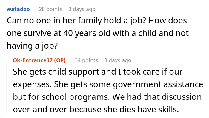 Reddit comments discussing financial support and employment with in-laws. Reddit comments discussing financial support and employment with in-laws.