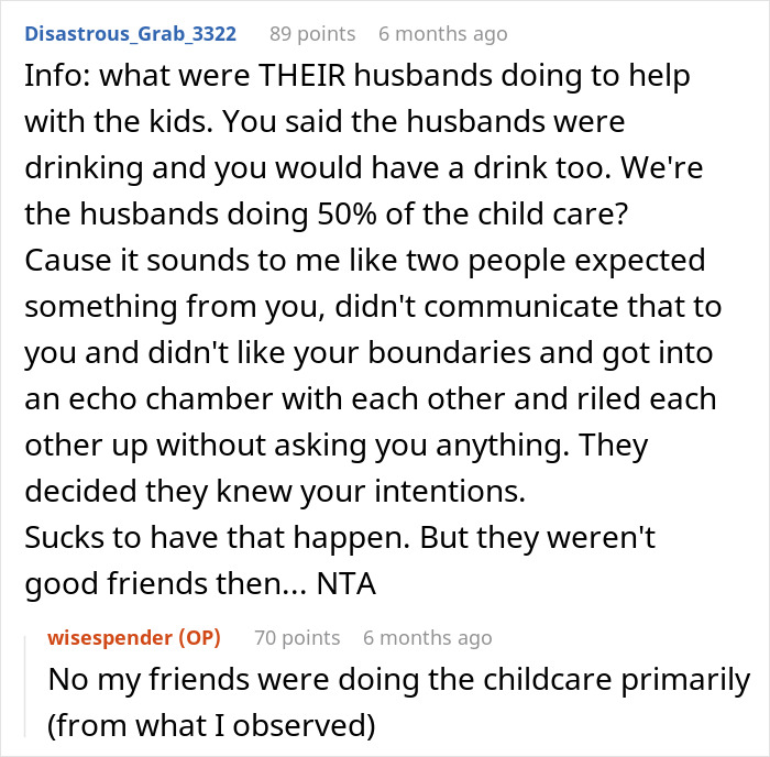 Reddit comments discussing childcare responsibilities during a vacation and friends' criticism of a child-free woman. Reddit comments discussing childcare responsibilities during a vacation and friends' criticism of a child-free woman.