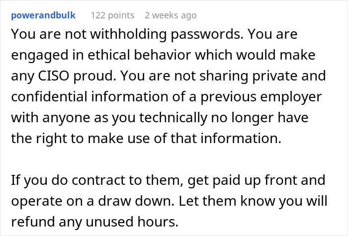 Text advising ethical handling of passwords and contracts related to previous employment. Text advising ethical handling of passwords and contracts related to previous employment.