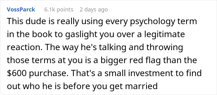 Comment discussing gaslighting, using psychology terms, and losing $600 as a red flag before marriage. Comment discussing gaslighting, using psychology terms, and losing $600 as a red flag before marriage.