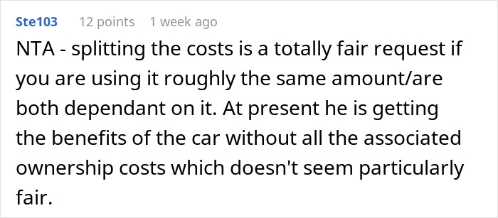 Comment supporting woman wanting husband to pay half the car bills, highlighting fairness in sharing costs. Comment supporting woman wanting husband to pay half the car bills, highlighting fairness in sharing costs.