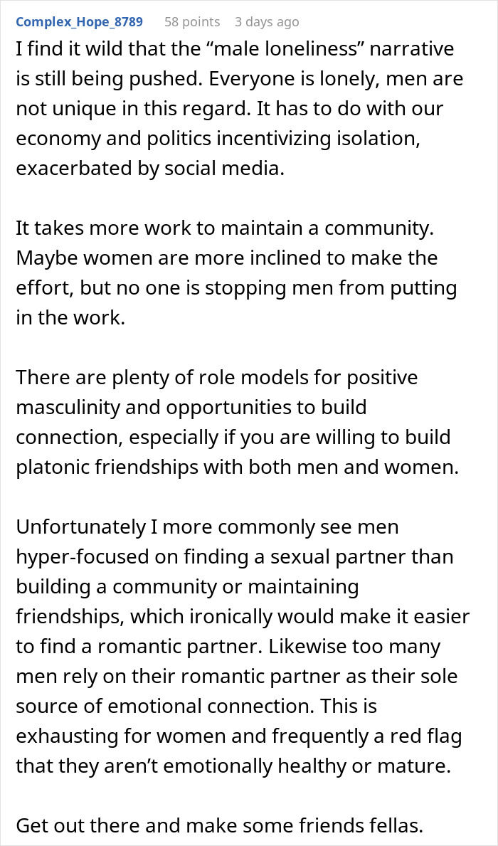 Reddit post discussing solutions for the male loneliness epidemic and encouraging community building. Reddit post discussing solutions for the male loneliness epidemic and encouraging community building.