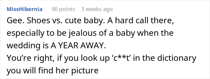 Comment discussing a rude bride compared to a cute baby, highlighting wedding drama and jealousy. Comment discussing a rude bride compared to a cute baby, highlighting wedding drama and jealousy.