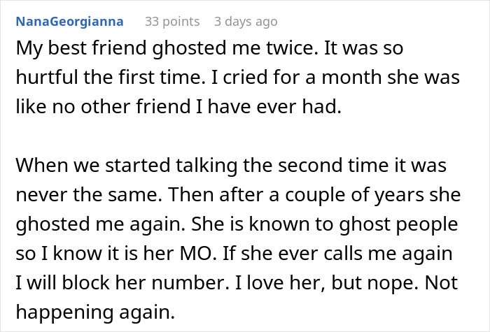 Text exchange about a friend ghosting multiple times, causing emotional distress, and leading to a decision to block. Text exchange about a friend ghosting multiple times, causing emotional distress, and leading to a decision to block.