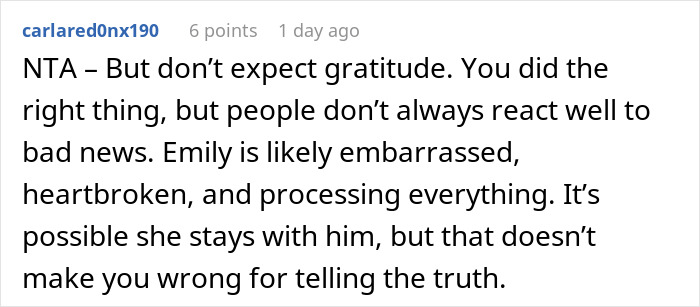 Comment discussing a neighbor issue about dating and honesty, mentioning Emily's emotions and reactions. Comment discussing a neighbor issue about dating and honesty, mentioning Emily's emotions and reactions.