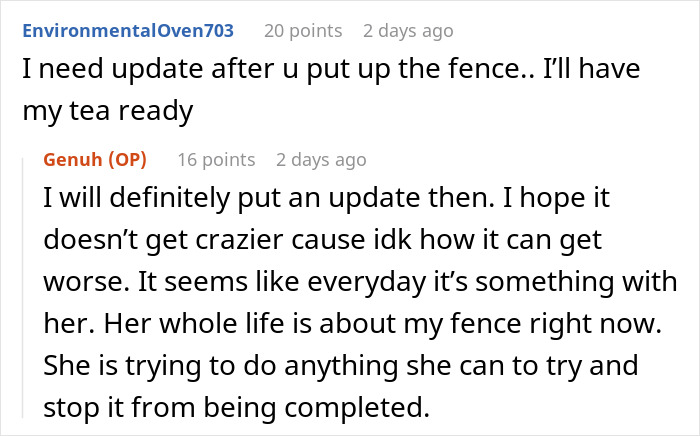 Text exchange discussing neighbor's objection to building a fence, with a focus on OCD concerns. Text exchange discussing neighbor's objection to building a fence, with a focus on OCD concerns.