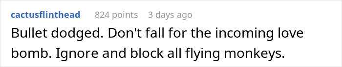 Reddit comment with advice about avoiding toxic in-laws at a rehearsal dinner. Reddit comment with advice about avoiding toxic in-laws at a rehearsal dinner.